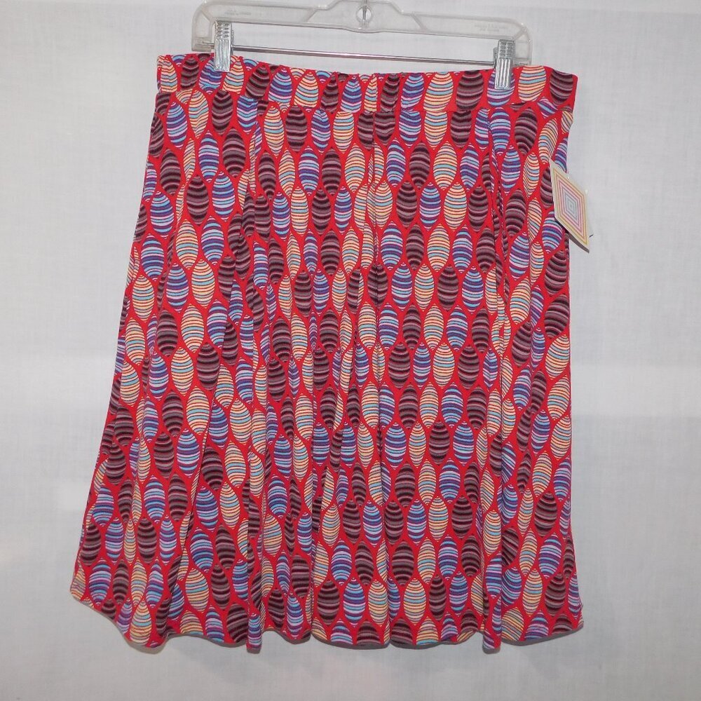 Lularoe Madison Womens 3XL Red Blue Patterned A Line Pleated Skirt w Pockets NEW